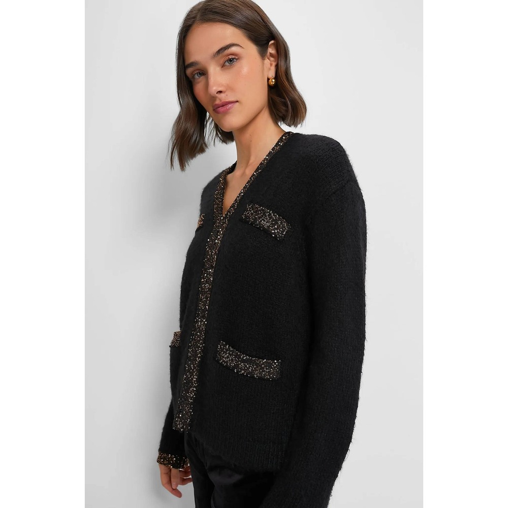 $228 NWT Tuckernuck Black Boucle Fallon Sequin Trim Cardigan Sweater Size S